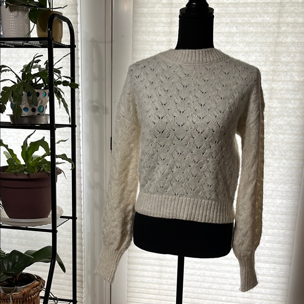 White and Silver Textured Knit Crew Neck Sweater
